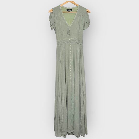Lulus Sage Green Swiss Dot Maxi Dress XXS Button Front V-Neck Cottagecore - Picture 1 of 9